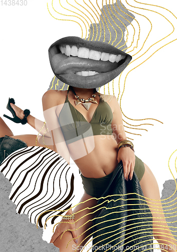 Image of Creative fashion collage with beautiful young woman