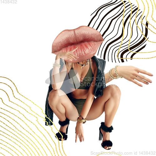 Image of Creative fashion collage with beautiful young woman