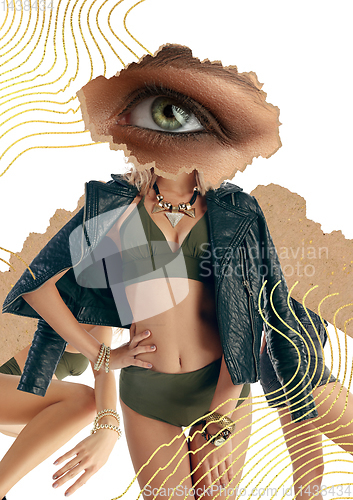 Image of Creative fashion collage with beautiful young woman