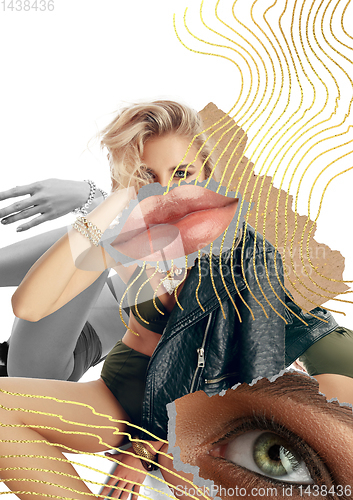 Image of Creative fashion collage with beautiful young woman