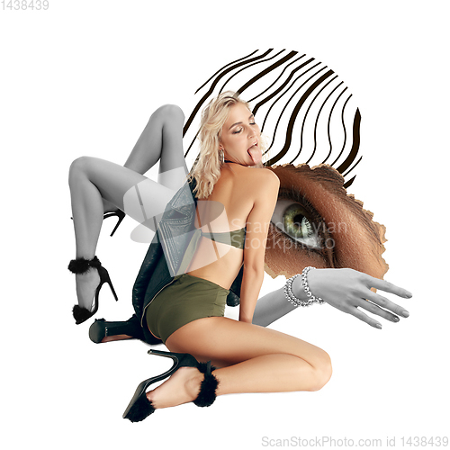 Image of Creative fashion collage with beautiful young woman