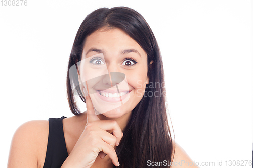 Image of Beautiful smiling woman with clean skin, natural make-up, and wh