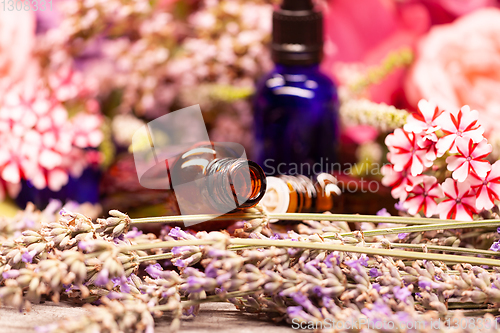 Image of flowers and bottles of essential oils for aromatherapy