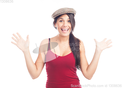 Image of pretty smiling and cheerful brunette woman with french cap and r