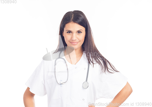 Image of portrait of smiling nurse or brunette doctor in white coat with 