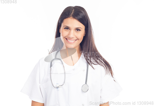 Image of portrait of smiling nurse or brunette doctor in white coat with 