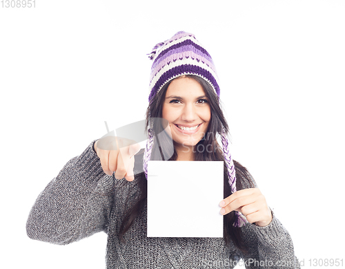 Image of portrait of young woman with a sweater and Peruvian hat woolen h