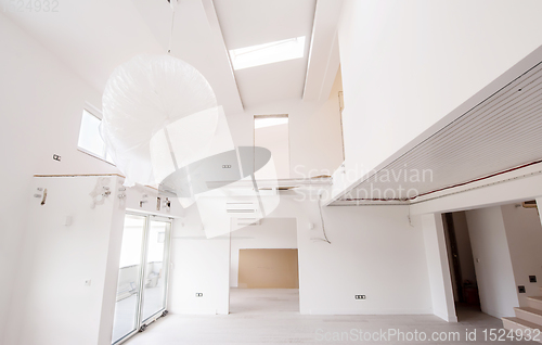 Image of Interior of empty stylish modern open space two level apartment