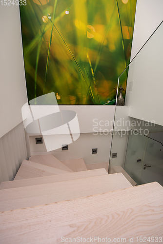 Image of stylish interior with wooden stairs