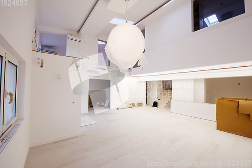 Image of Interior of empty stylish modern open space two level apartment