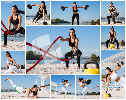 Image of Young healthy female athlete doing workout at the beach