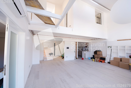 Image of Interior of empty stylish modern open space two level apartment