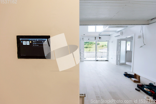 Image of Interior of empty stylish modern open space two level apartment