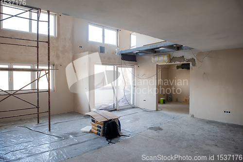 Image of interior of construction site with scaffolding