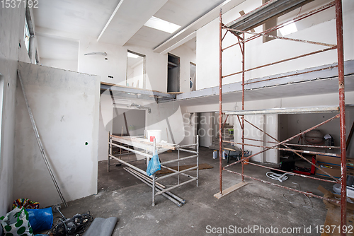 Image of interior of construction site with scaffolding