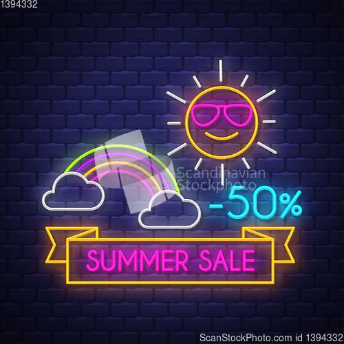 Image of Summer sale banner. Neon sign lettering.