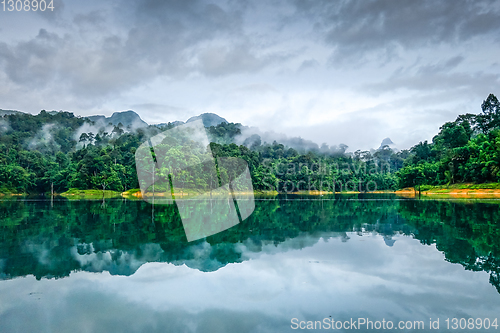 Image of Misty morning on Cheow Lan Lake, Khao Sok National Park, Thailan