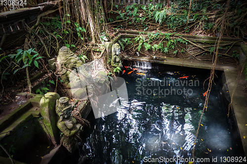 Image of Ganesh statue near a pond in the Monkey Forest, Ubud, Bali, Indo