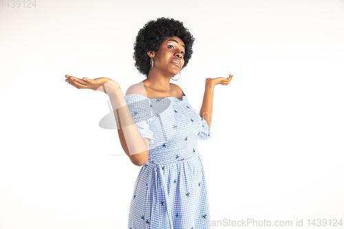 Image of Portrait of beautiful woman isolated on white studio background