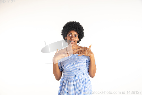 Image of Portrait of beautiful woman isolated on white studio background