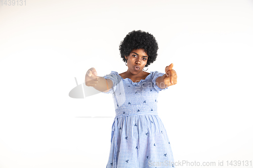 Image of Portrait of beautiful woman isolated on white studio background