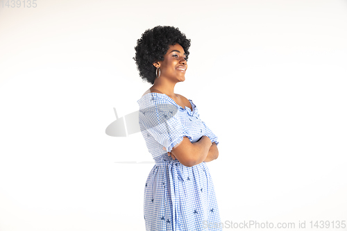Image of Portrait of beautiful woman isolated on white studio background