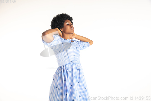 Image of Portrait of beautiful woman isolated on white studio background