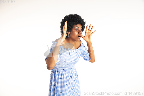 Image of Portrait of beautiful woman isolated on white studio background