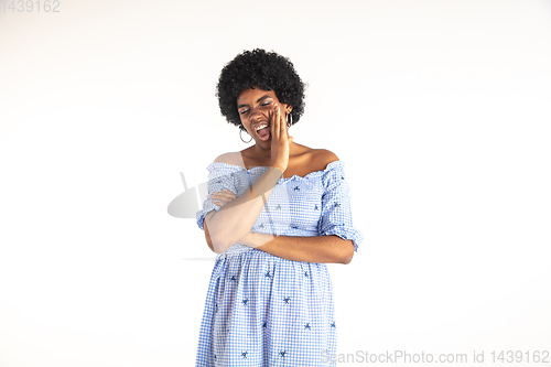 Image of Portrait of beautiful woman isolated on white studio background