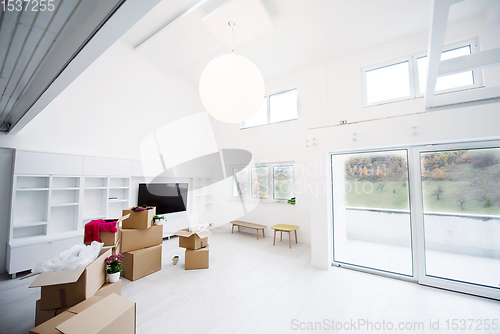 Image of Interior of empty stylish modern open space two level apartment