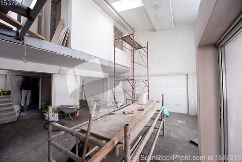 Image of interior of construction site with scaffolding