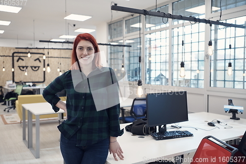 Image of redhead woman at work  in creative modern coworking startup open