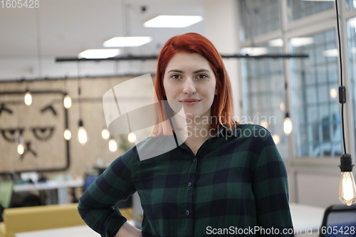 Image of redhead woman at work  in creative modern coworking startup open