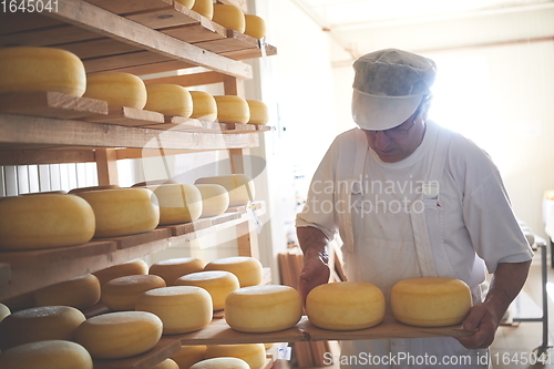 Image of Cheese maker at the storage with shelves full of cow and goat cheese