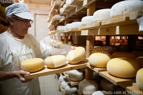 Image of Cheese maker at the storage with shelves full of cow and goat cheese