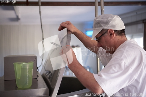 Image of Cheese production cheesemaker working in factory