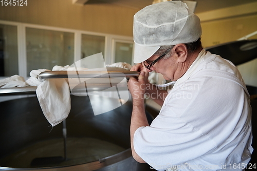 Image of Cheese production cheesemaker working in factory