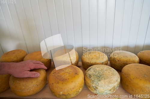 Image of Cheese factory production shelves with aging old cheese