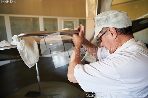 Image of Cheese production cheesemaker working in factory