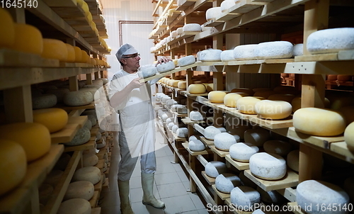 Image of Cheese maker at the storage with shelves full of cow and goat cheese