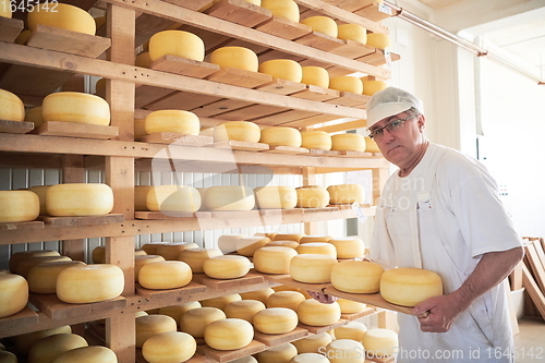 Image of Cheese maker at the storage with shelves full of cow and goat cheese