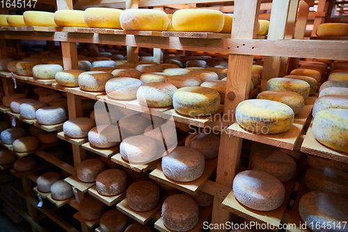 Image of Cheese factory production shelves with aging old cheese