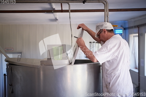 Image of Cheese production cheesemaker working in factory