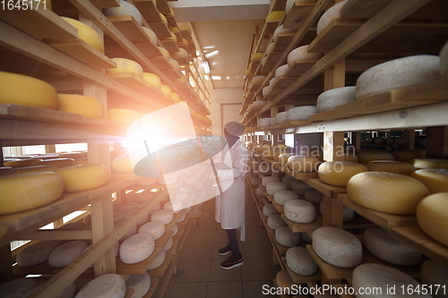 Image of African black muslim business woman in local cheese production company