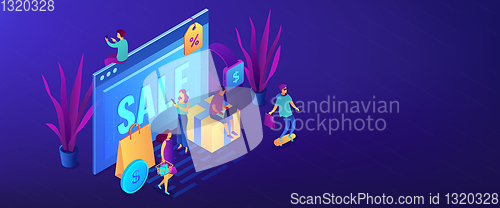 Image of Online sales pro concept isometric 3D banner header.