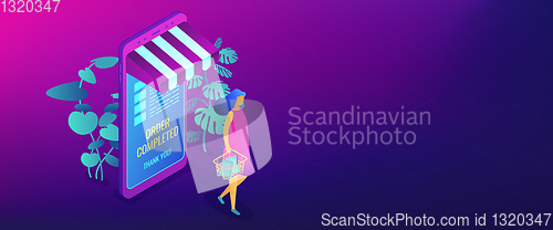 Image of Online shopping concept isometric 3D banner header.