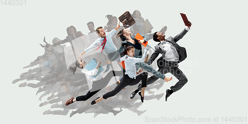 Image of Office worker s or ballet dancers jumping on white background