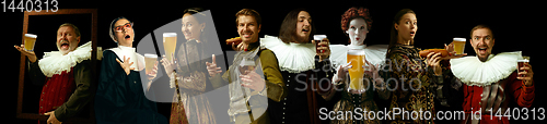 Image of Young people as a medieval grandees on dark background, oktoberfest