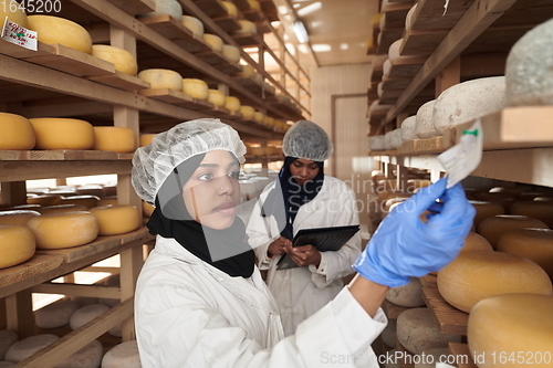 Image of African black muslim business woman in local cheese production company