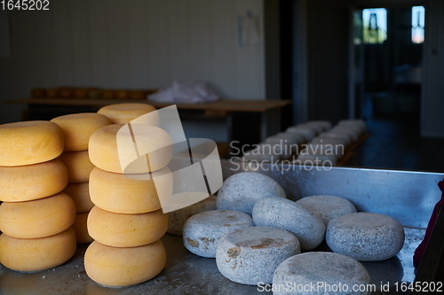 Image of Cheese factory production shelves with aging old cheese